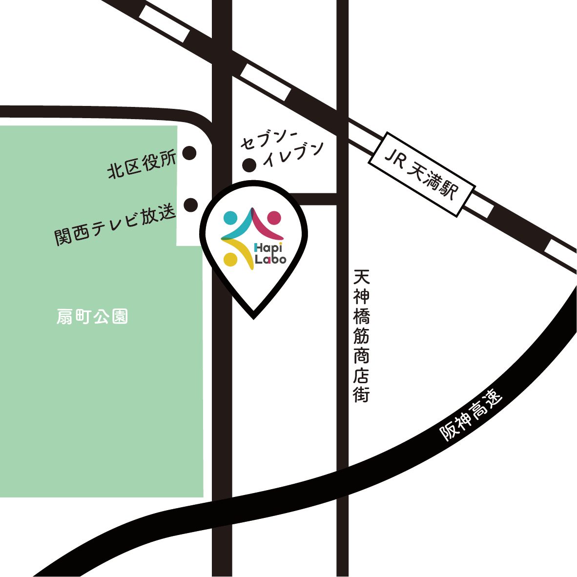 Hapi訪問看護ステーション周辺のイラストマップ。JR天満駅から徒歩2分